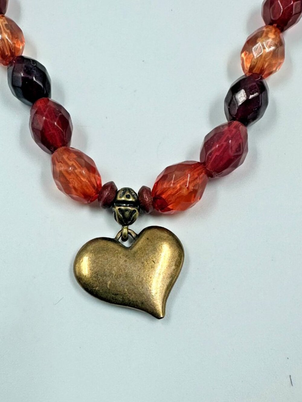 Heart Pendant Necklace Red Orange Faceted Bead Bronze Tone Adjustable 18"